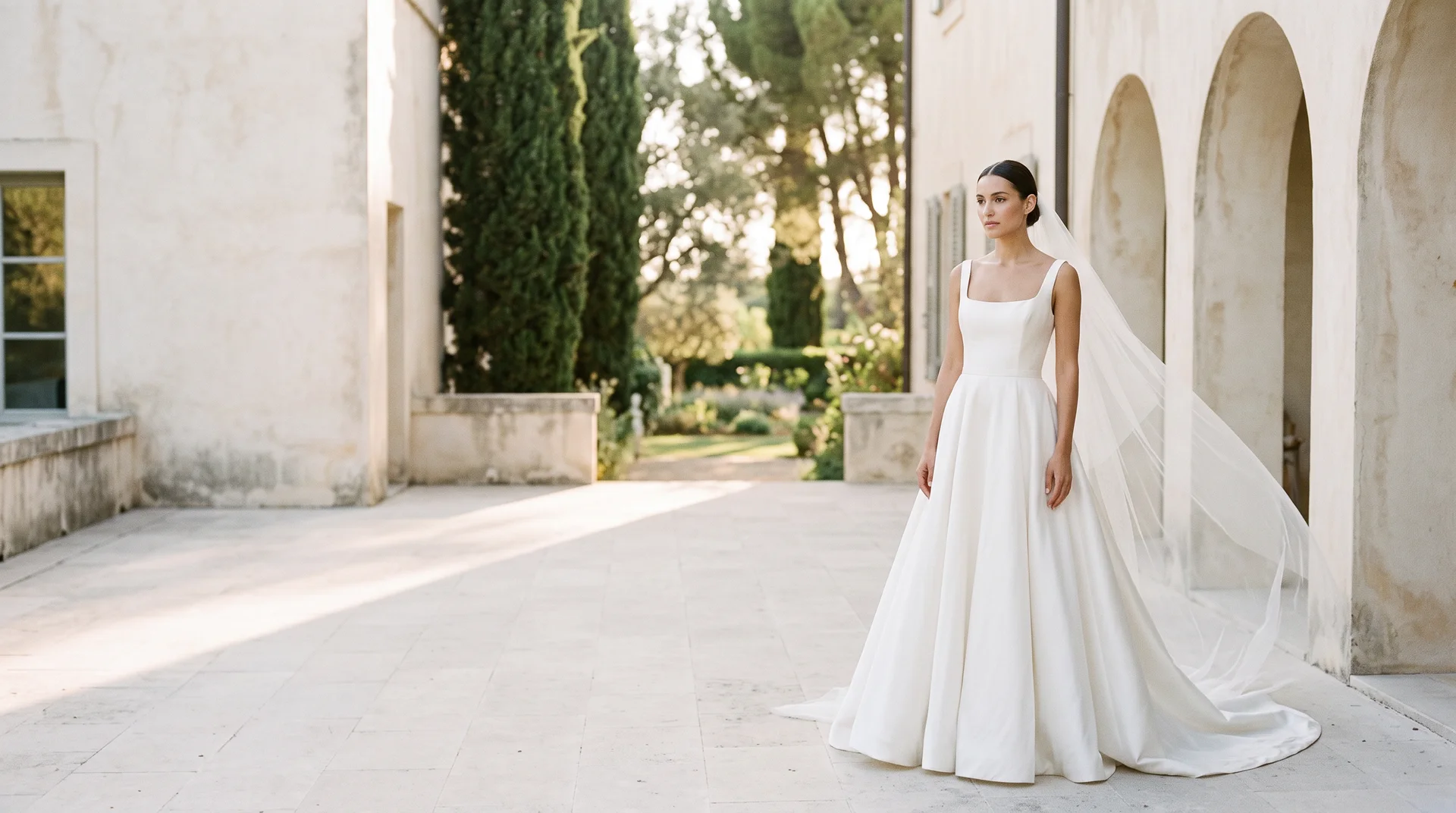 A model in an ivory silk wedding gown on a sunlit limestone terrace
