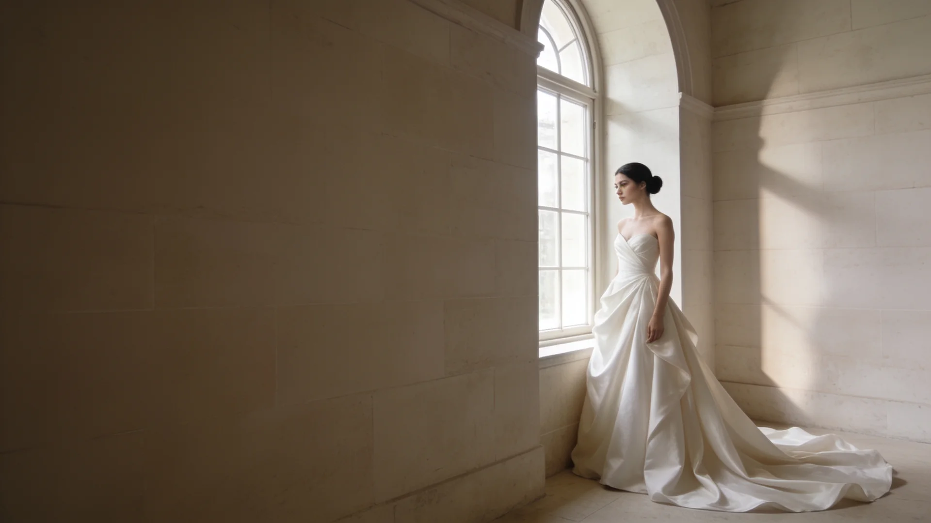 A model wearing a flowing ivory gown with a long train