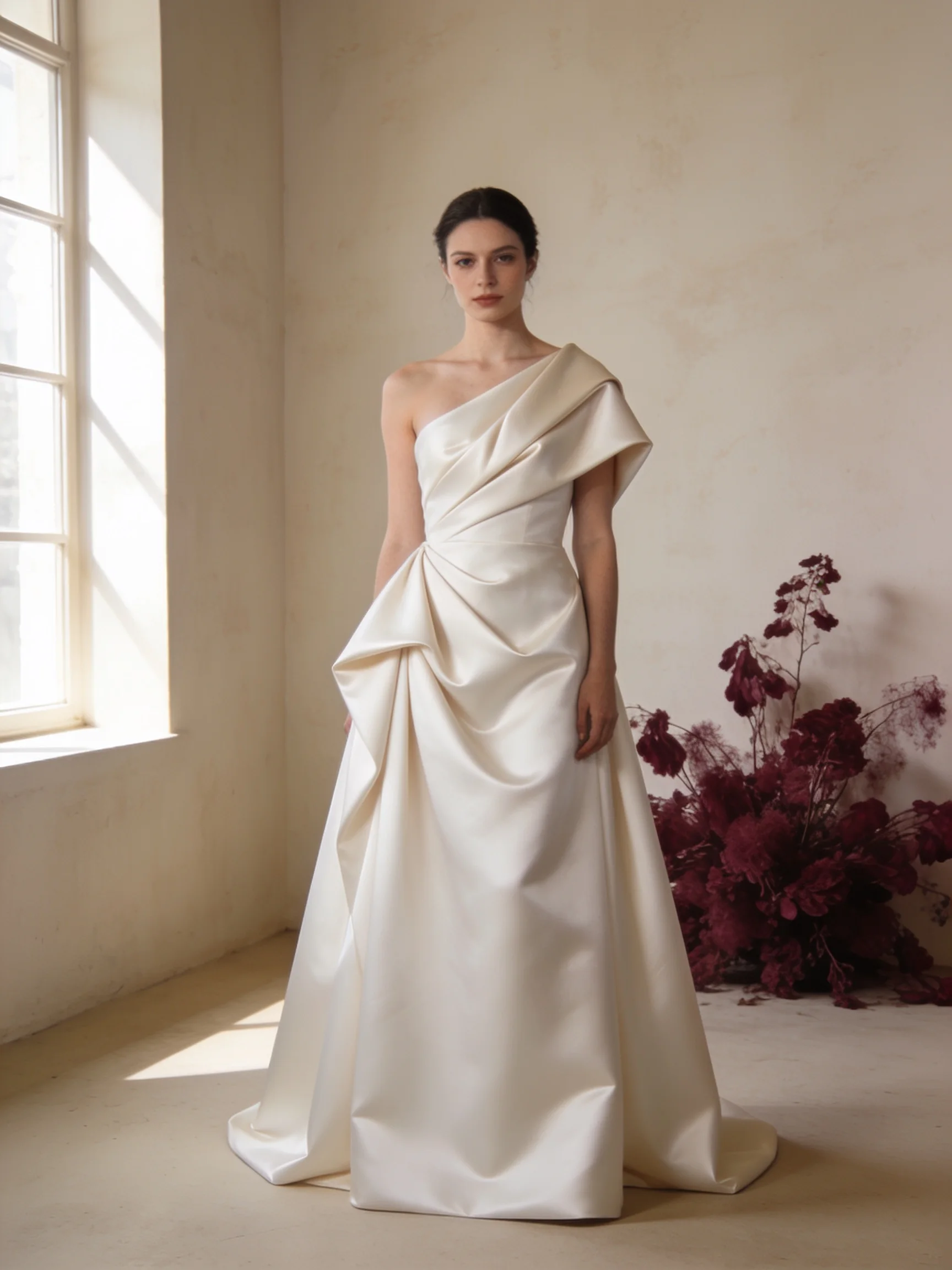 A model in a sculptural silk gown with a folded bodice
