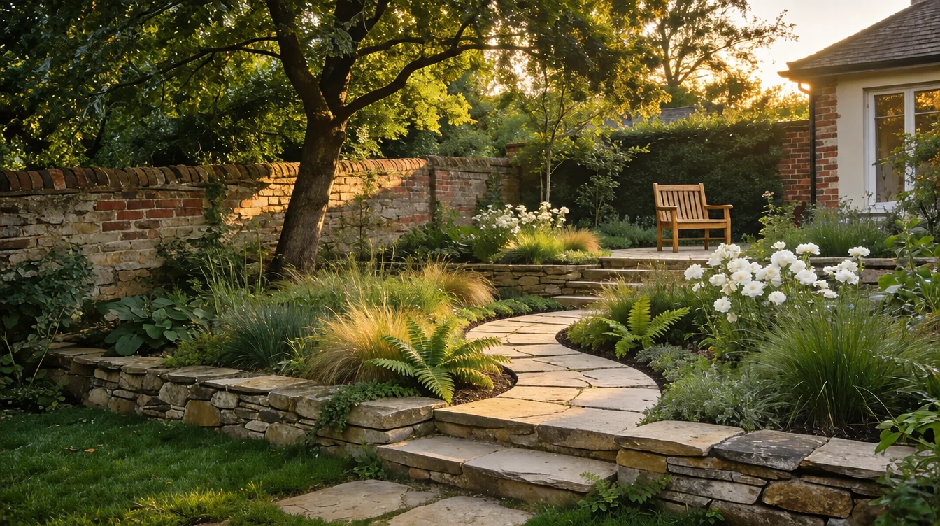 A stone patio with soft planting and mature trees