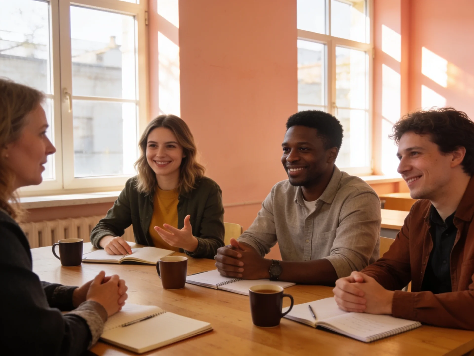 Adult learners chatting around a table in a bright language classroom