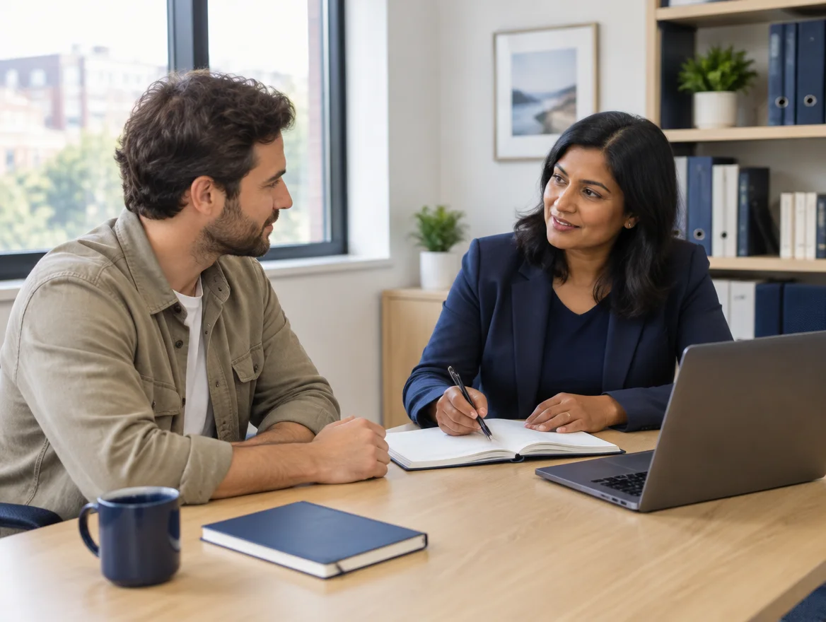 Two people talking through records at a desk in a bright office